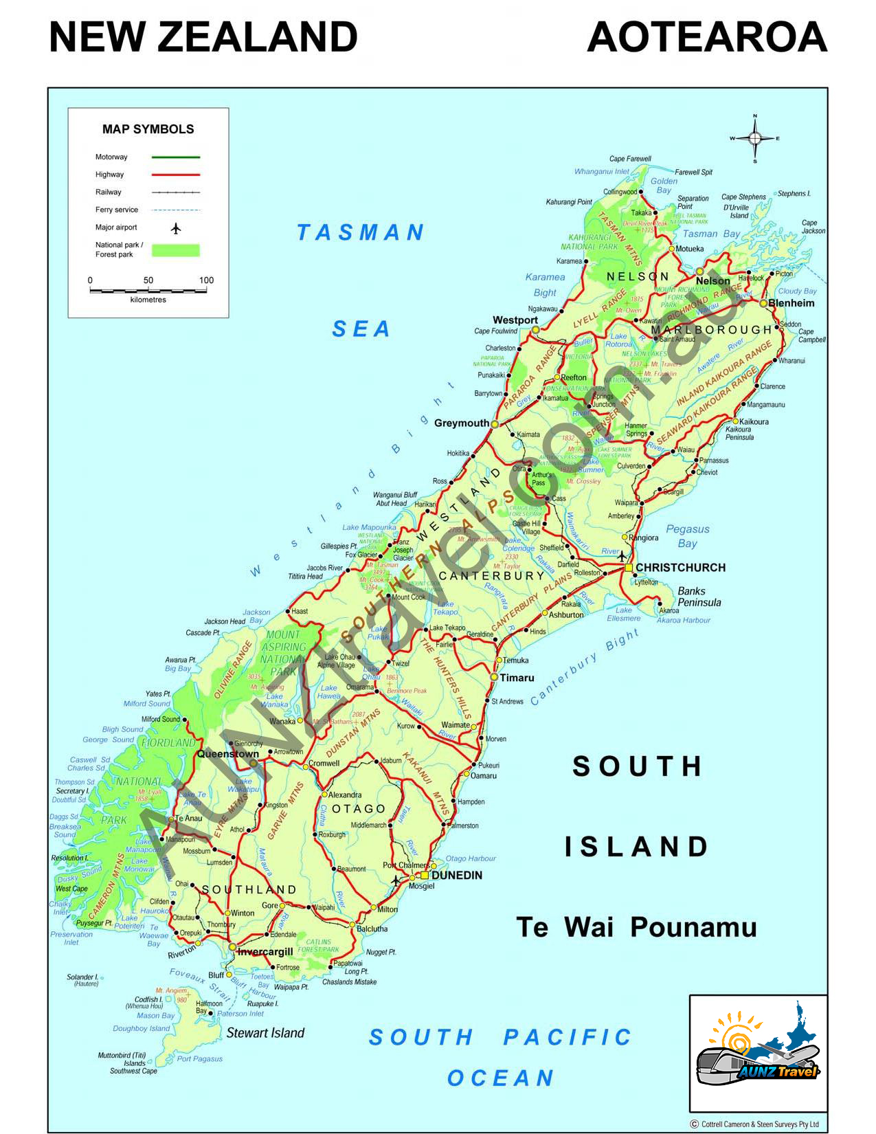 Map of New Zealand South Island AUNZTravel